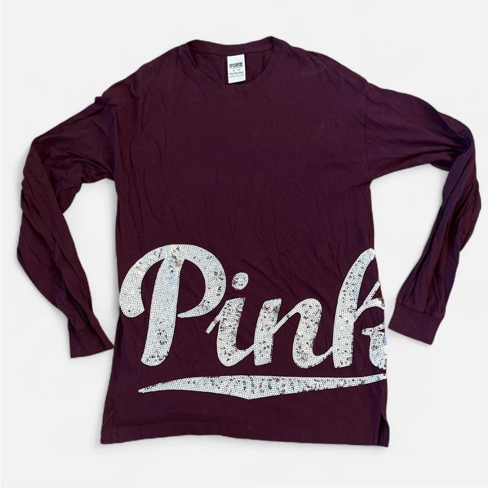 PINK Victoria's Secret Long Sleeve Tee - Burgundy and White Sequins